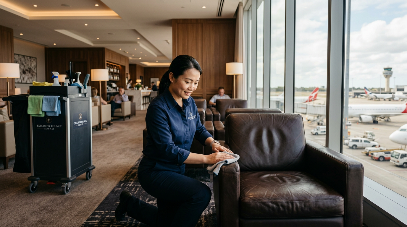 Singapore Airlines SilverKris Lounge style premium aviation lounge presentation maintained by DailyClean at Perth Airport.
